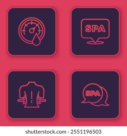 Set line Sauna thermometer, Massage, Spa salon and . Blue square button. Vector