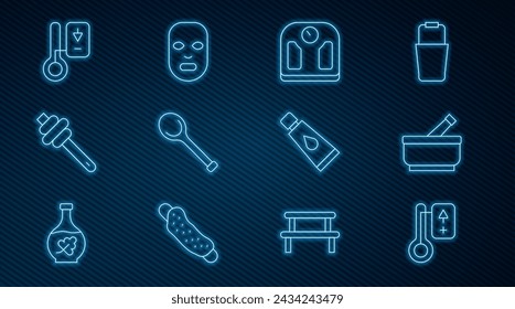 Set line Sauna thermometer, Mortar and pestle, Bathroom scales, ladle, Honey dipper stick, Cream lotion cosmetic tube and Facial mask icon. Vector