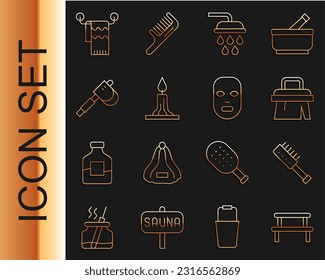 Set line Sauna wood bench, brush, Shower, Burning candle, Wooden axe, Towel on hanger and Facial cosmetic mask icon. Vector