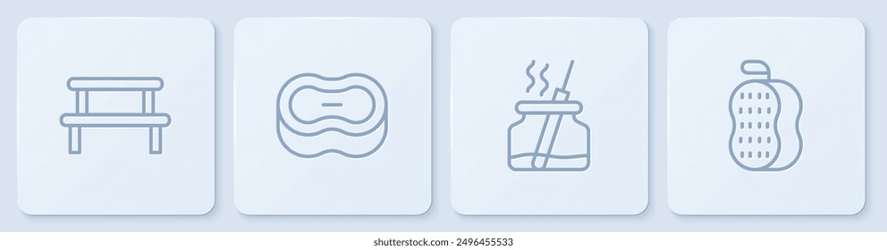 Set line Sauna wood bench, Aroma diffuser, Bar of soap and Washcloth. White square button. Vector