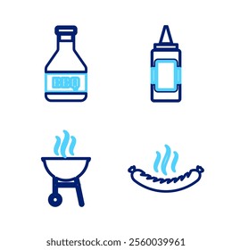 Set line Sausage, Barbecue grill, Mustard bottle and Ketchup icon. Vector