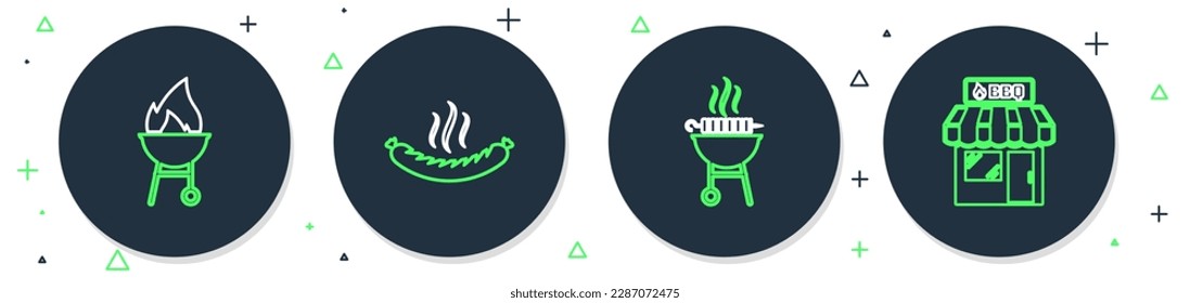 Set line Sausage, Barbecue grilled shish kebab,  and shopping building icon. Vector