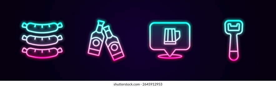 Set line Sausage, Beer bottle, Wooden beer mug and Bottle opener. Glowing neon icon. Vector