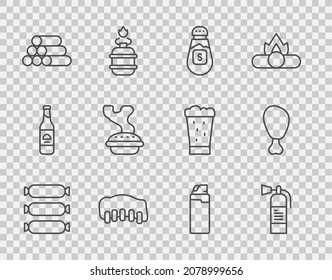 Set Line Sausage, Fire Extinguisher, Salt, Grilled Pork Bbq Ribs, Wooden Logs, Homemade Pie, Lighter And Chicken Leg Icon. Vector