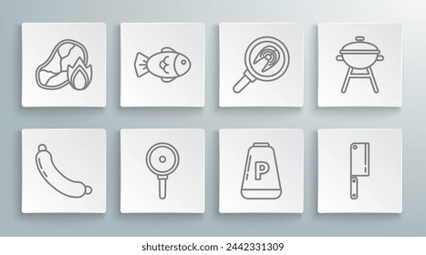 Set line Sausage, Fish, Frying pan, Pepper, Meat chopper, steak frying, Barbecue grill and Grilled meat and fire flame icon. Vector