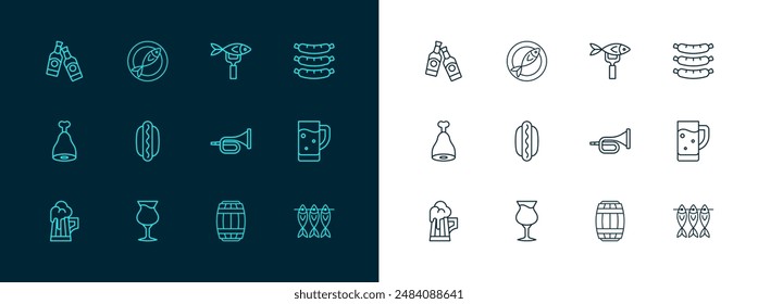 Set line Sausage, Glass of beer, Trumpet, Wooden barrel, Hotdog sandwich, Dried fish, Beer bottle and  icon. Vector