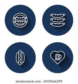 Set line Sausage, Hotdog sandwich and Heart with glass of beer with long shadow. Blue circle button. Vector