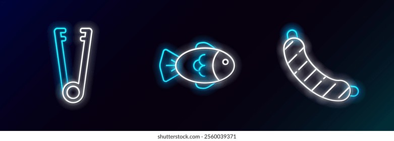 Set line Sausage, Meat tongs and Fish icon. Glowing neon. Vector