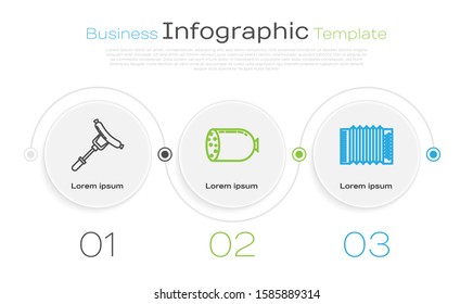 Set line Sausage on the fork, Salami sausage and Musical instrument accordion. Business infographic template. Vector