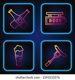 Set line Sausage on the fork, Glass of beer, Crossed beer bottle and Street signboard with inscription Beer. Gradient color icons. Vector