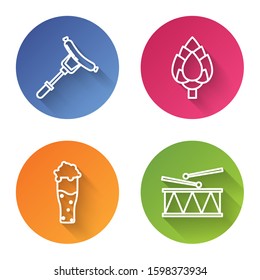 Set line Sausage on the fork, Hop, Glass of beer and Musical instrument drum and drum sticks. Color circle button. Vector