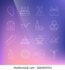 Set line Sausage on the fork, Oktoberfest hat, Wooden barrels, Costume women dirndl, Smoking pipe, Farm House, Steak meat and Beer bottle and glass icon. Vector