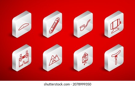 Set line Sausage on the fork, Harmonica, Smoking pipe, Wooden barrel rack, Retro wall watch, Homemade pie, Mountains and Lederhosen icon. Vector