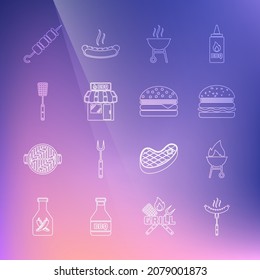 Set line Sausage on the fork, Barbecue grill, Burger, shopping building, spatula, Grilled shish kebab and  icon. Vector