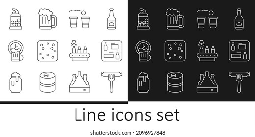 Set line Sausage on the fork, Beer menu, pong game, bubbles, Happy hour, Bottle opener, Conveyor band, beer and Wooden mug icon. Vector