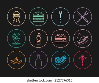 Ponga la línea Sausage en el tenedor, la cacerola de pimienta caliente, la barbacoa, la botella de Ketchup, Lugar con llama de fuego, parrilla, hamburguesa e ícono. Vector