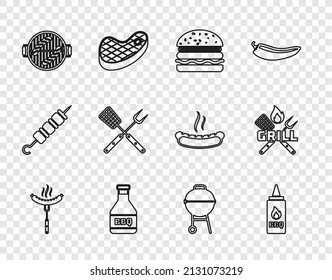 Ponga la línea Sausage en el tenedor, botella de Ketchup, hamburguesa, parrilla barbacoa con salchicha, cruzado y espátula, e icono. Vector
