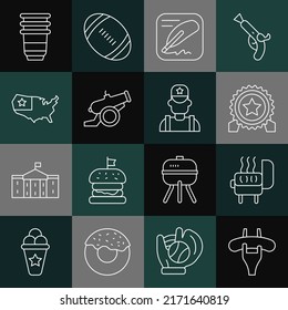 Set line Sausage on the fork, Barbecue grill, Medal with star, Declaration of independence, Cannon, USA map, Paper glass and Sheriff cowboy icon. Vector