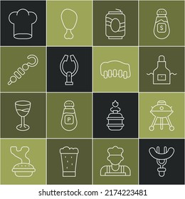 Set line Sausage on the fork, Barbecue grill, Kitchen apron, Soda can, Meat tongs, Grilled shish kebab, Chef hat and pork bbq ribs icon. Vector
