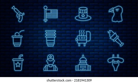 Ponga la línea Sausage en el tenedor, llama de la antorcha, sombrero superior patriótico americano, vidrio de papel, juego de pong de cerveza, pistolas de vintage, parrilla de barbacoa e icono de bandera. Vector