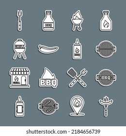 Set line Sausage on the fork, Barbecue grill, Hot chili pepper pod,  and Ketchup bottle icon. Vector