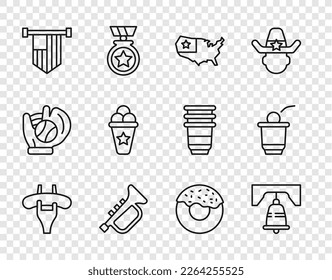 Set line Sausage on the fork, Liberty bell in Philadelphia, USA map, Trumpet, American flag, Ice cream waffle cone, Donut and Beer pong game icon. Vector