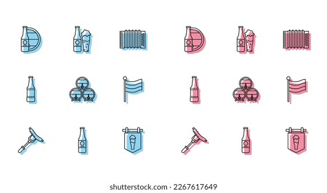 Set line Sausage on the fork, Beer bottle, and wooden barrel, Street signboard with glass of beer, Wooden rack stopcock, National Germany flag,  and  icon. Vector