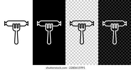 Set line Sausage on the fork icon isolated on black and white,transparent background. Grilled sausage and aroma sign.  Vector