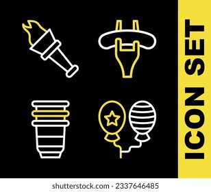 Set line Sausage on the fork, Balloons, Paper glass and Torch flame icon. Vector