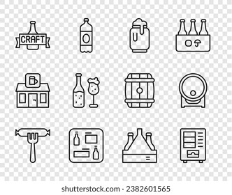 Set-Linie Wurst auf der Gabel, Vending Maschine, Bier kann mit Schaum, Menü, Flasche und Glas, Packung Bierflaschen und Holzfass Rack-Ikone. Vektorgrafik