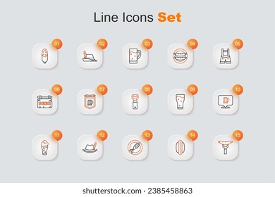 Set line Sausage on the fork, Hotdog sandwich, Dried fish, Oktoberfest hat, Glass of beer, Wooden mug,  and Bottle opener icon. Vector