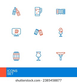 Set line Sausage on the fork, Glass of beer, Wooden barrel, mug, Beer can, Accordion and  icon. Vector