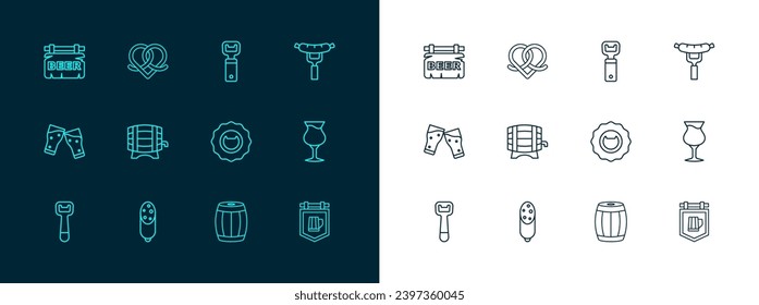 Set line Sausage on the fork, Salami sausage, Bottle opener, Wooden barrel, rack, Street signboard with Beer and Pretzel icon. Vector