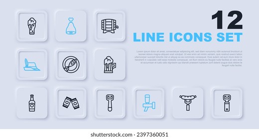 Set line Sausage on the fork, Bottle opener, Dried fish, Beer tap, Oktoberfest hat, can, Chicken leg and  icon. Vector