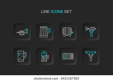 Set line Sausage on the fork, Accordion, Wooden beer mug, Glass of, Dried fish, barrel rack,  and Trumpet icon. Vector