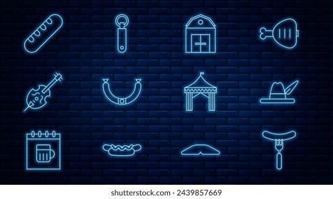 Set line Sausage on the fork, Oktoberfest hat, Farm House, Violin, French baguette bread, Camping tent and Bottle opener icon. Vector