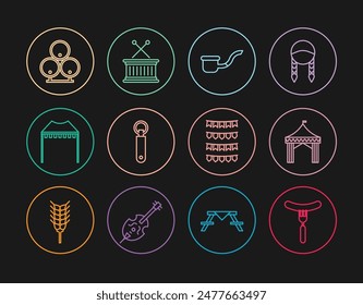 Set line Sausage on the fork, Camping tent, Smoking pipe, Bottle opener, Wooden barrels, Carnival garland with flags and Musical drum sticks icon. Vector