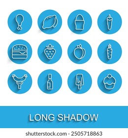 Set line Sausage on the fork, Tabasco sauce, Chicken leg, Ice cream, Muffin, Strawberry, Carrot and Plum fruit icon. Vector