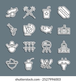 Set line Salchicha en la bifurcación, Casa Blanca, Congreso del Capitolio de los Estados Unidos, Vaso de papel con paja, Bola de guante de béisbol, Pistolas Antiguas, Cañón e icono de mapa de Estados Unidos. Vector