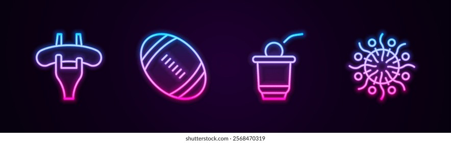 Set line Sausage on the fork, American Football ball, Beer pong game and Firework. Glowing neon icon. Vector