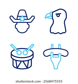 Set line Sausage on the fork, Drum and drum sticks, Eagle head and Sheriff cowboy icon. Vector