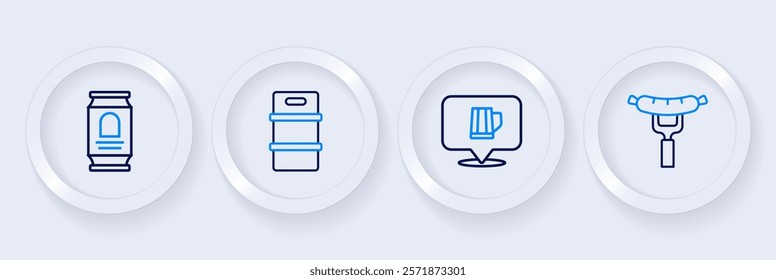 Set line Sausage on the fork, Wooden beer mug, Metal keg and Beer can icon. Vector