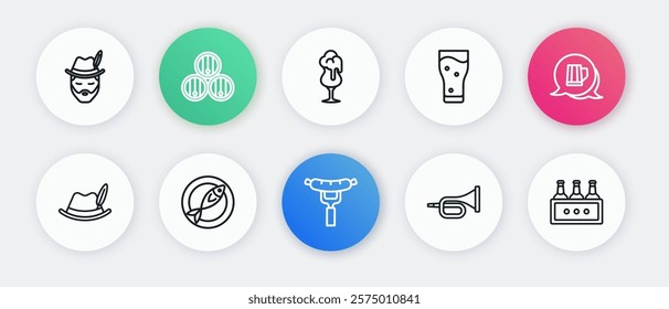 Set line Sausage on the fork, Wooden beer mug, Oktoberfest hat, Trumpet, Glass of, Pack bottles and Dried fish icon. Vector