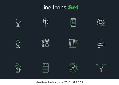 Set line Sausage on the fork, Dried fish, Metal beer keg, Glass of, Beer tap, Wooden mug,  and  icon. Vector