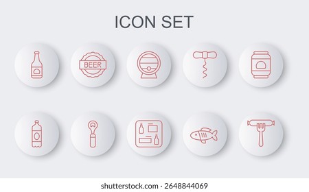 Set line Sausage on the fork, Plastic beer bottle, Wooden barrel rack, Dried fish, Beer, Bottle cap with, opener and menu icon. Vector