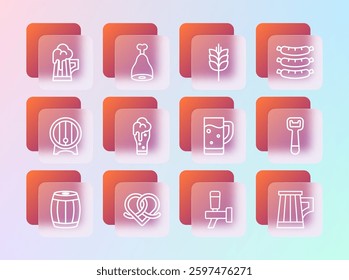 Set line Sausage, Pretzel, Glass of beer, Beer tap, Wheat, Wooden mug and Chicken leg icon. Vector