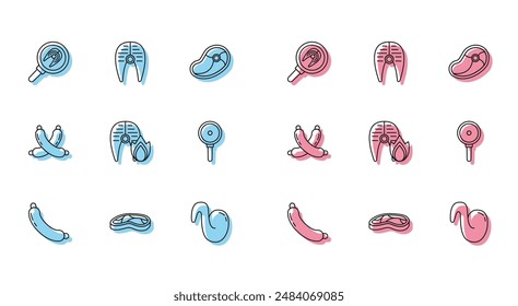 Set line Sausage, Steak meat, Fish steak in frying pan, Fried chicken wing, Grilled fish and fire flame, Frying, Crossed sausage and  icon. Vector