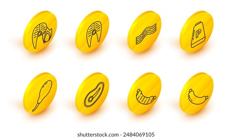 Set line Sausage, Steak meat, Chicken leg, Pepper, Bacon stripe, Fish steak and Grilled fish and fire flame icon. Vector