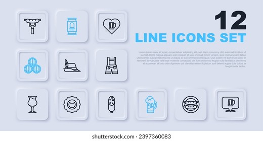 Set line Sausage, Wooden beer mug, Oktoberfest hat, Glass of, barrel, Bottle opener, Beer can and Salami sausage icon. Vector