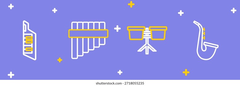 Saxofón de línea, tambor Bongo, flauta Pan e icono de Keytar. Vector